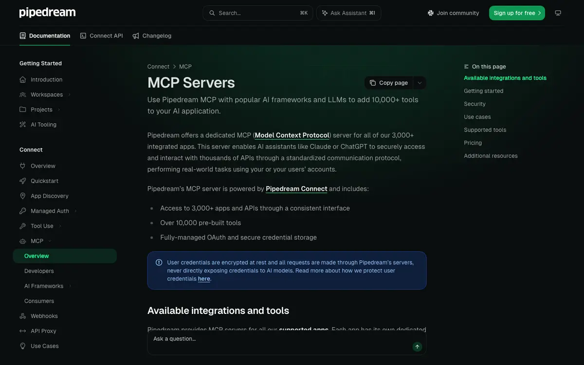 Pipedream MCP docs screenshot