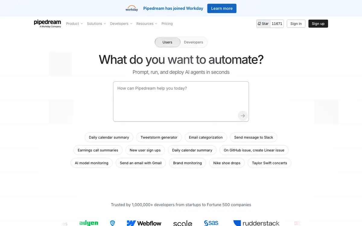 Pipedream MCP homepage screenshot