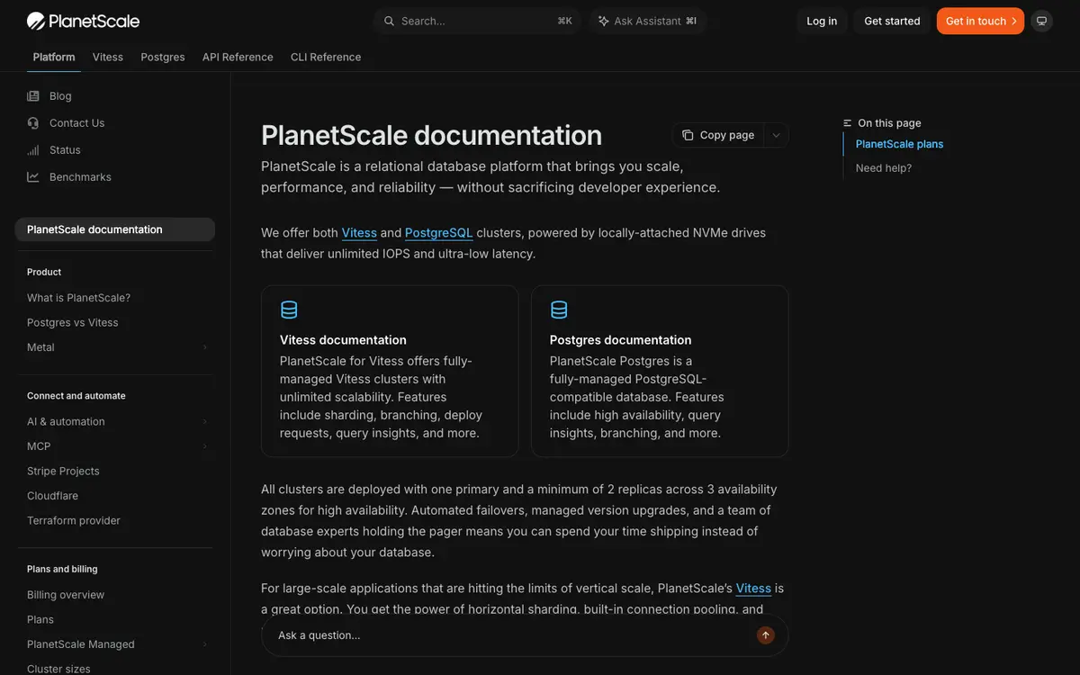 PlanetScale docs screenshot