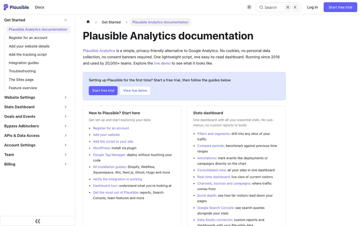Plausible Analytics docs screenshot
