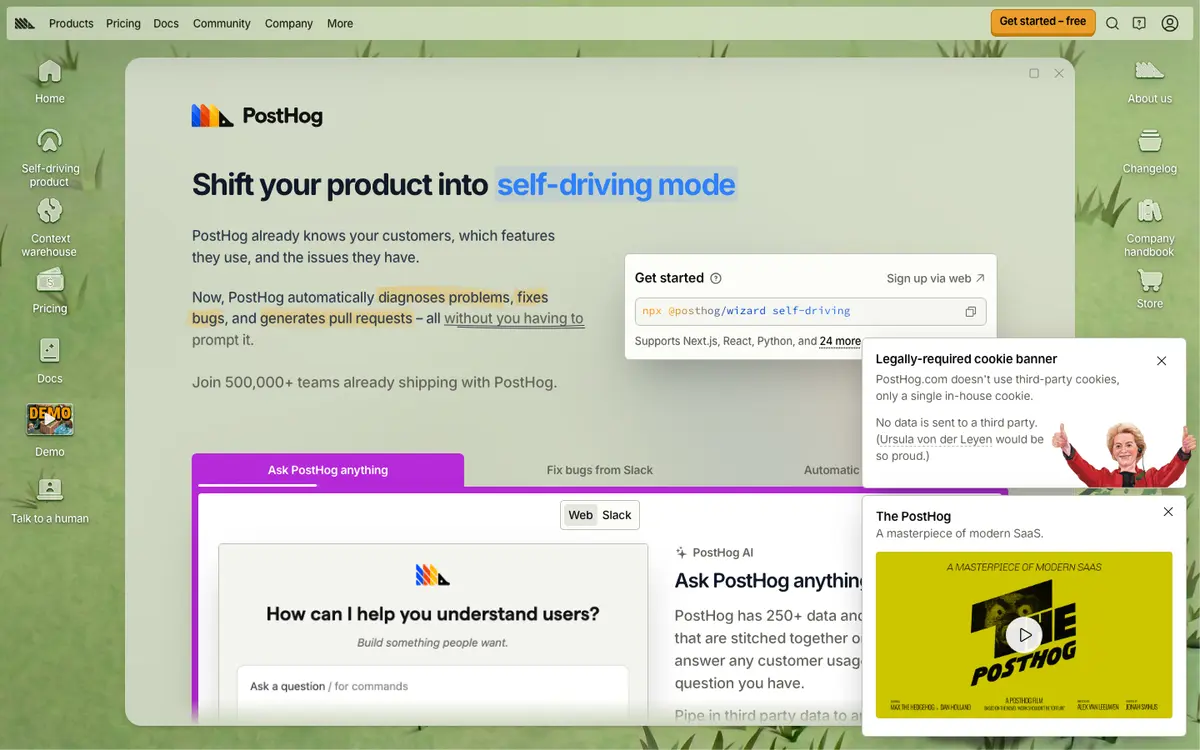 PostHog homepage screenshot