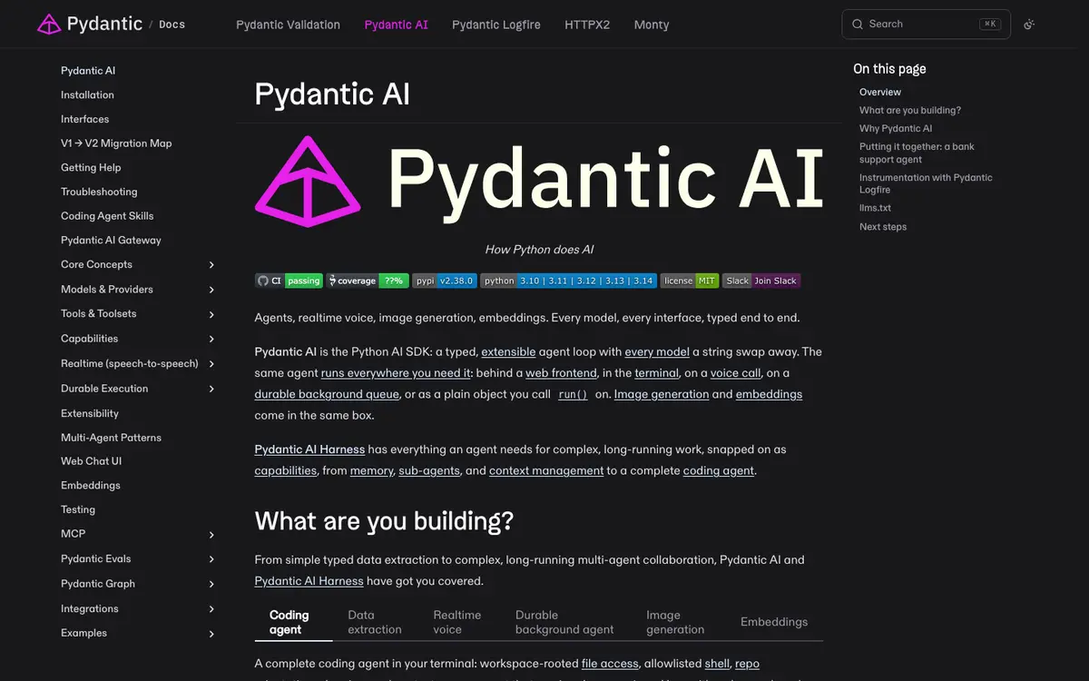 Pydantic AI docs screenshot