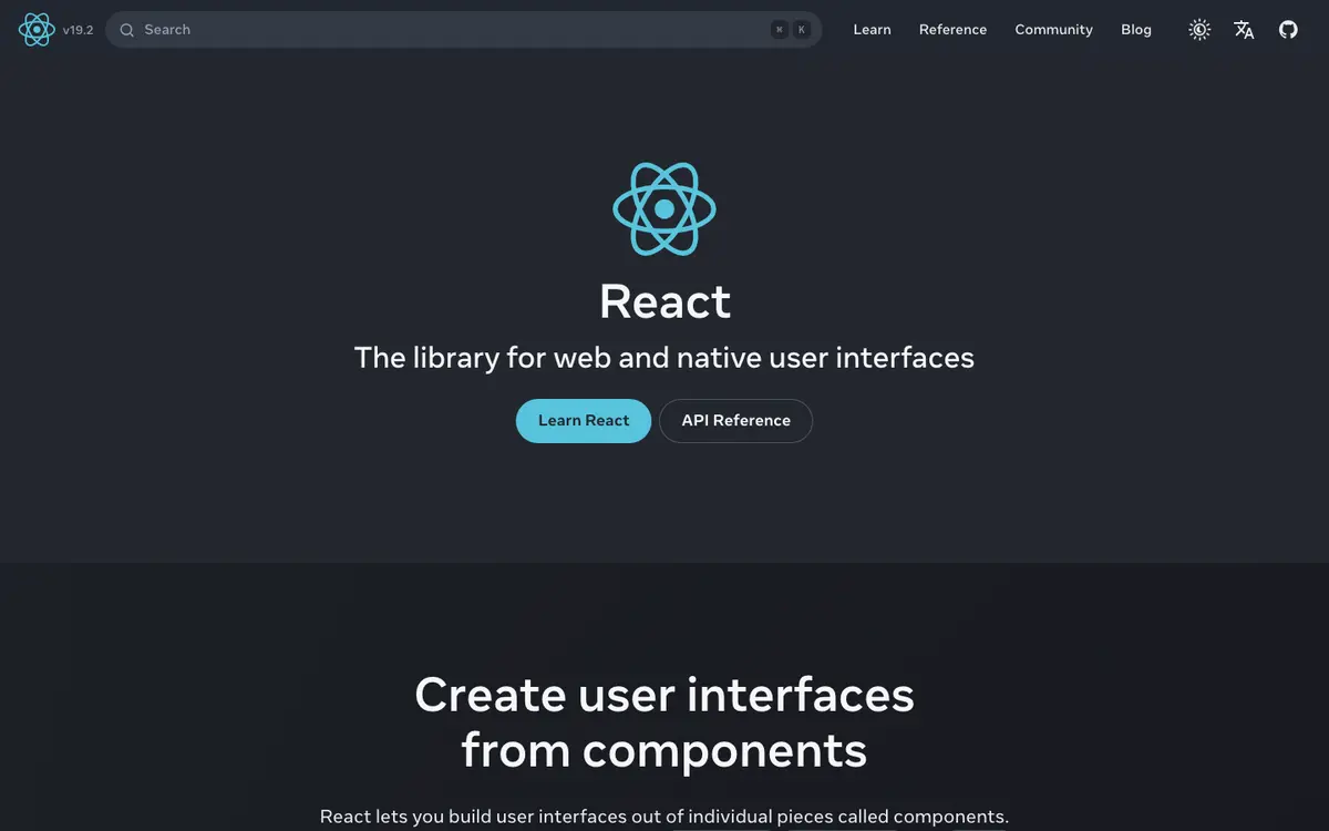 React homepage screenshot