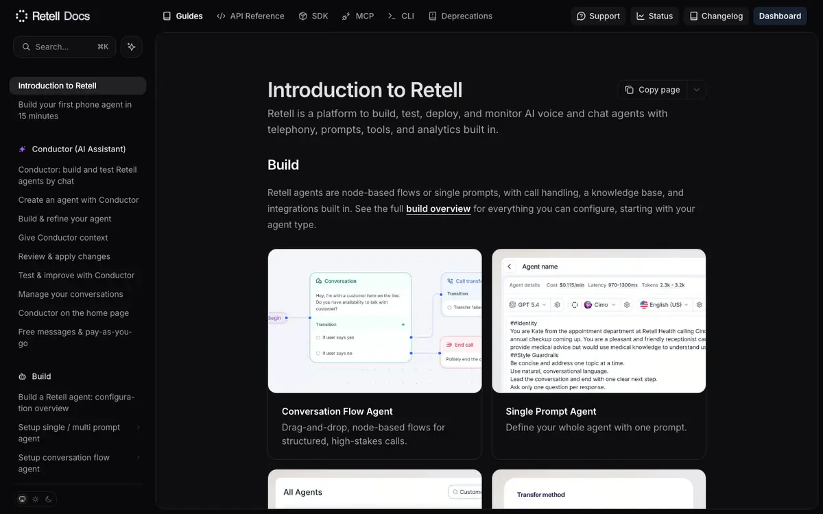 Retell AI docs screenshot