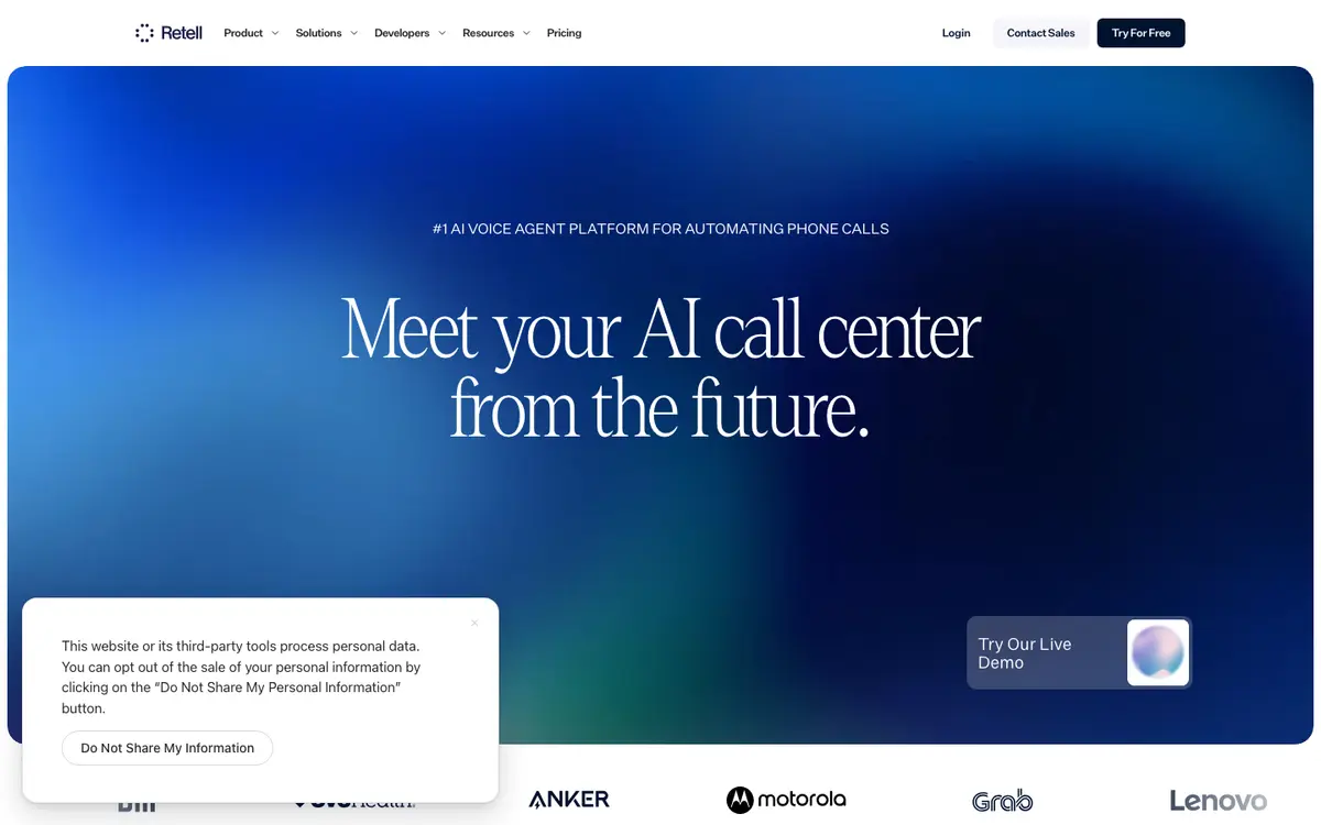 Retell AI homepage screenshot