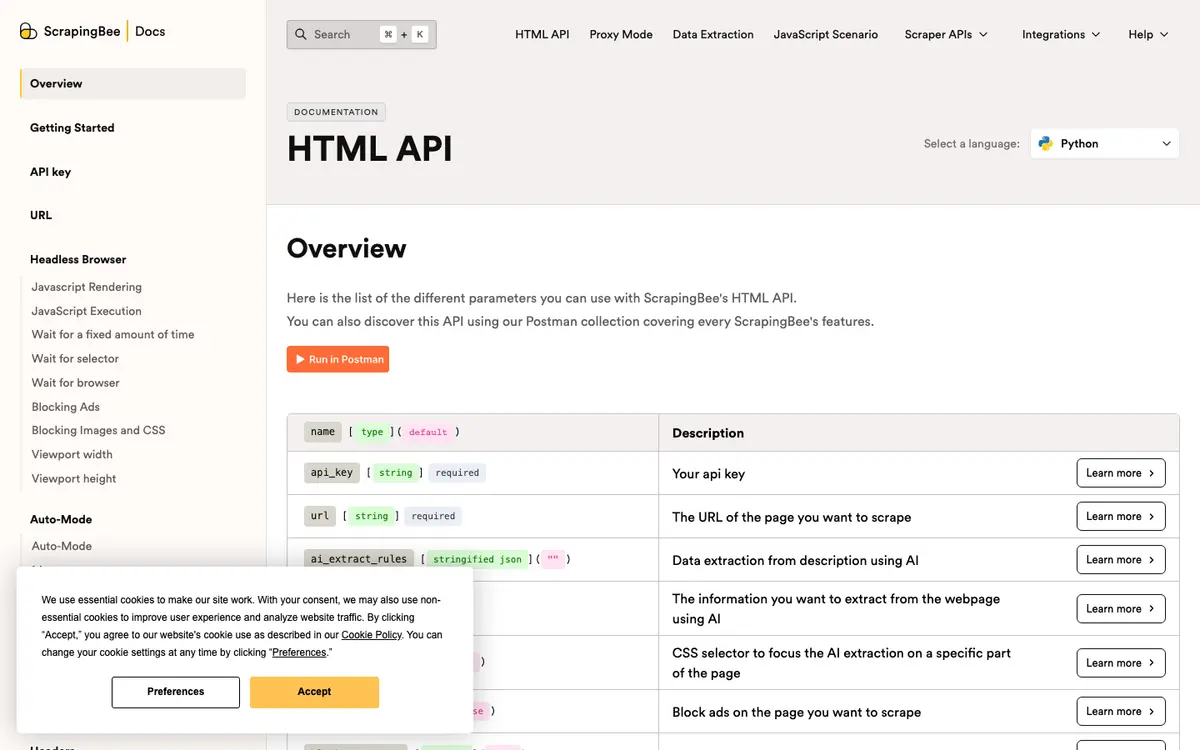 ScrapingBee docs screenshot