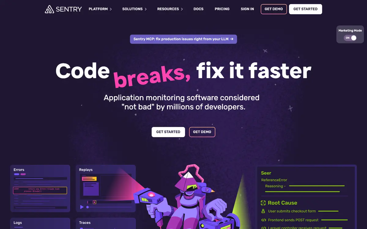Sentry homepage screenshot