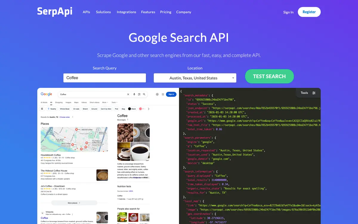 SerpApi homepage screenshot