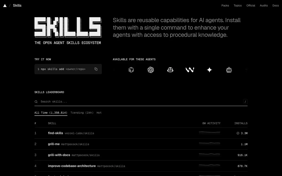 skills.sh homepage screenshot