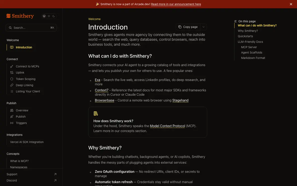 Smithery docs screenshot