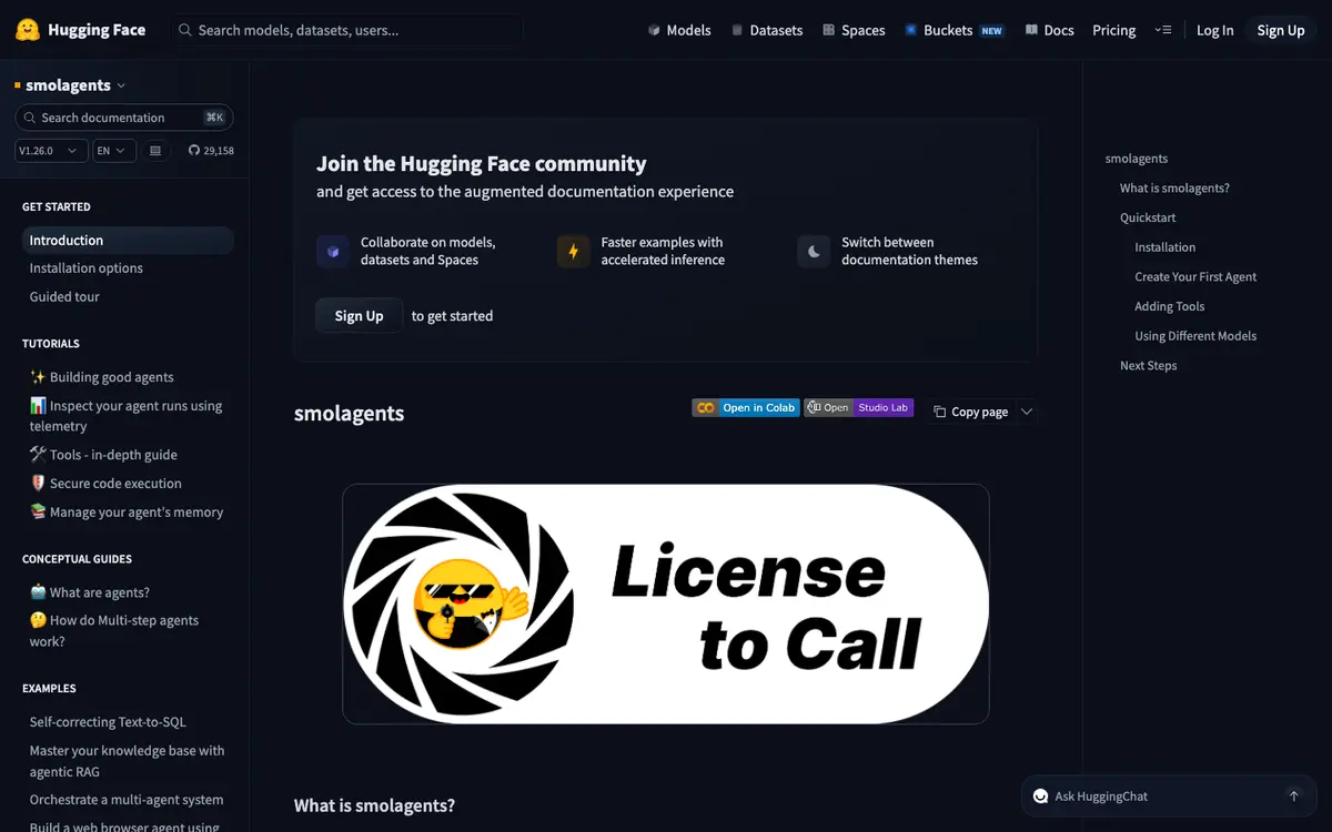 smolagents homepage screenshot