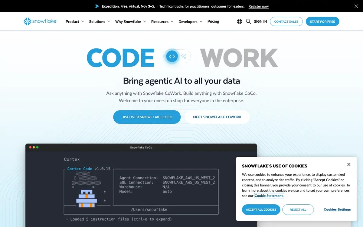 Snowflake homepage screenshot