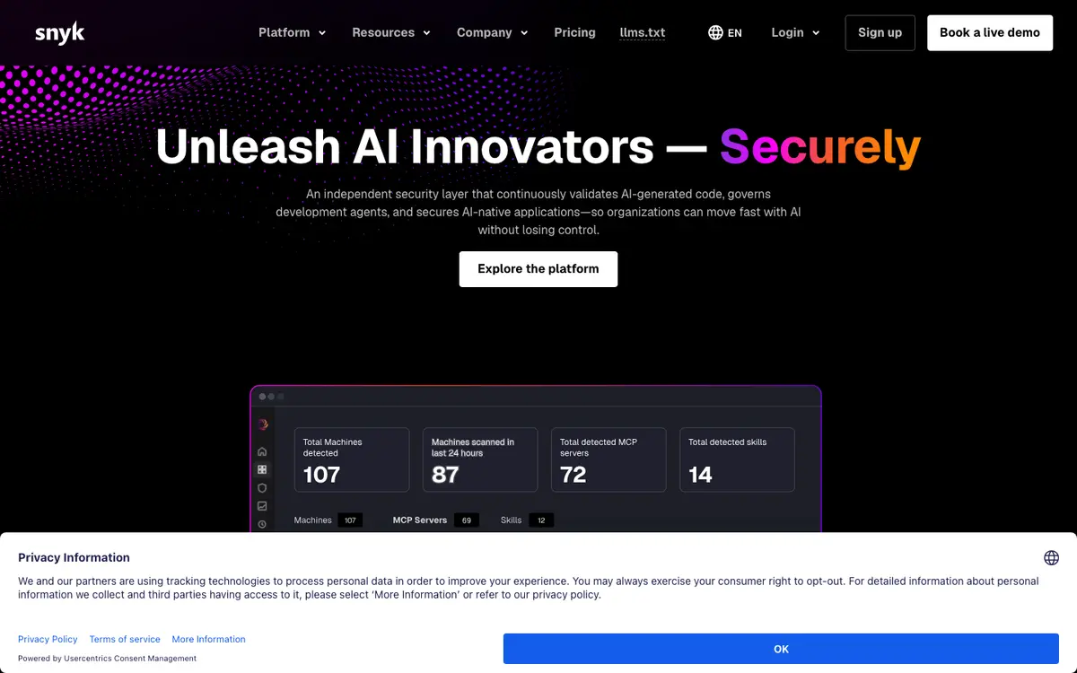 Snyk homepage screenshot
