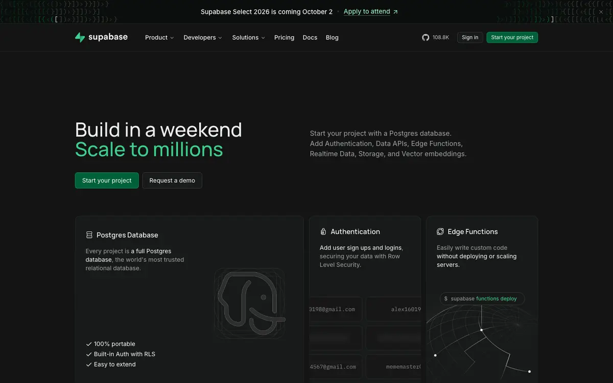 Supabase homepage screenshot