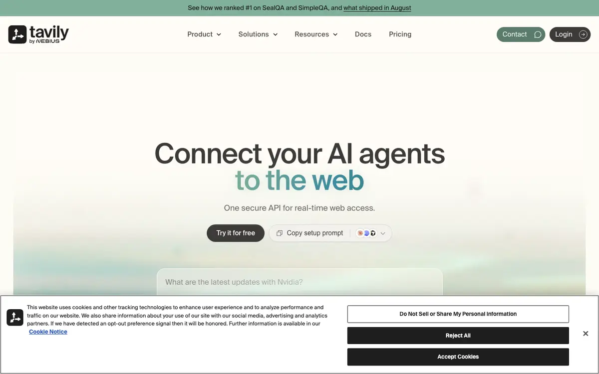 Tavily homepage screenshot