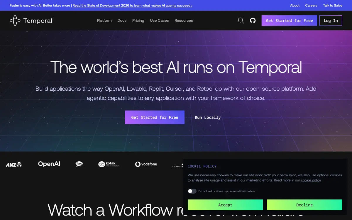 Temporal homepage screenshot