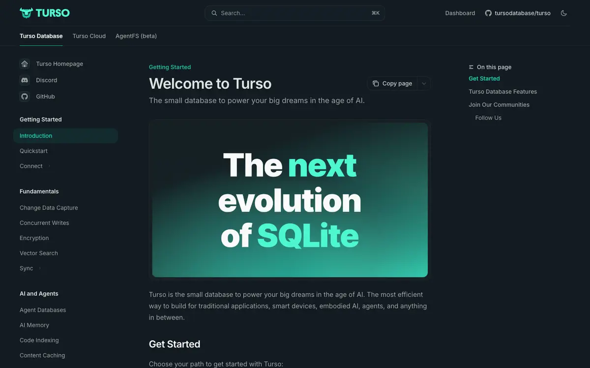 Turso docs screenshot