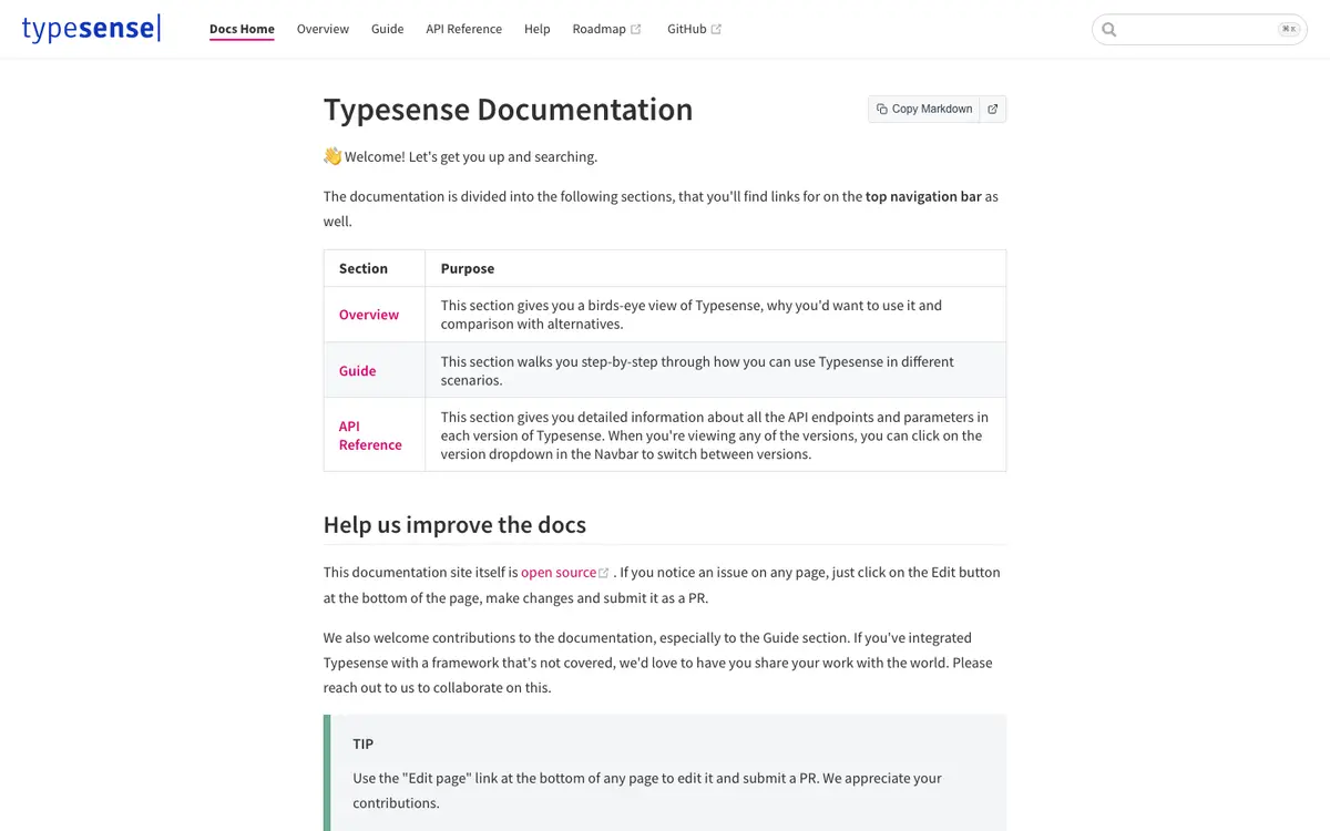 Typesense docs screenshot