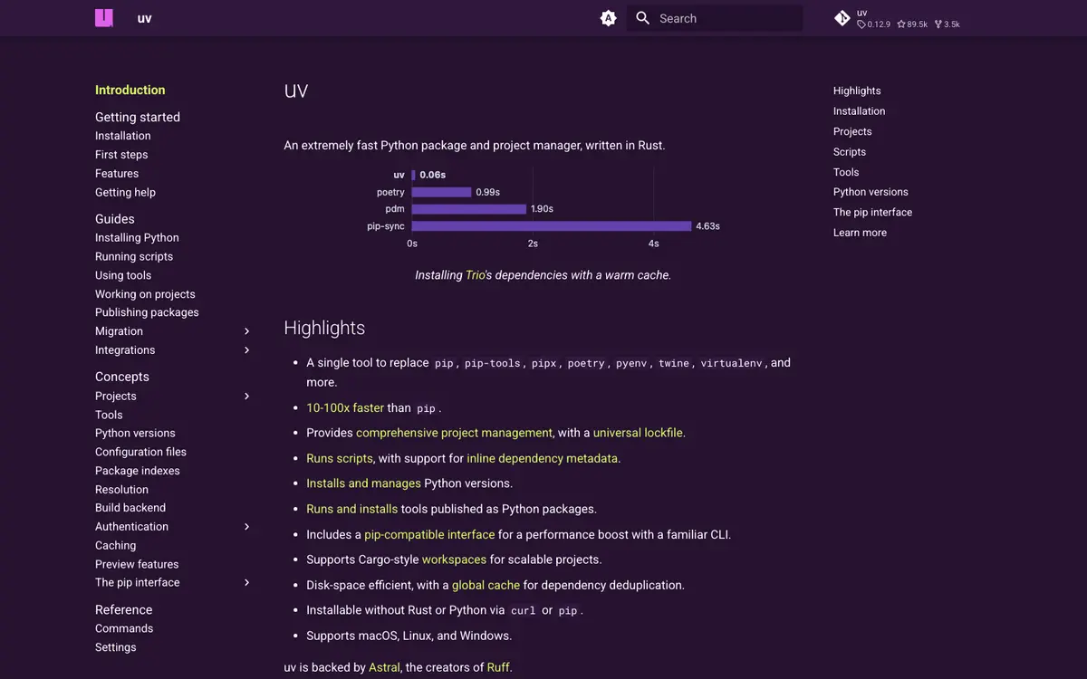 uv docs screenshot