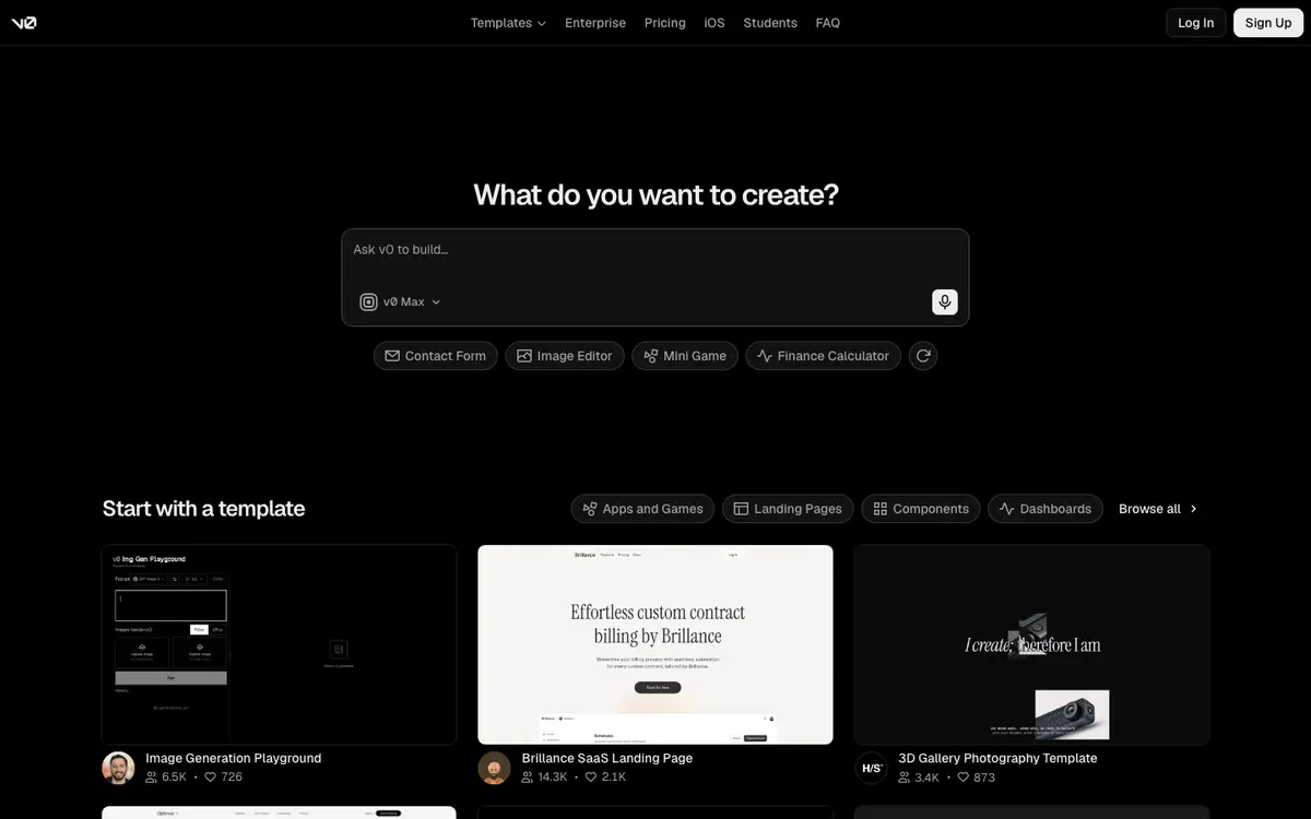 v0 homepage screenshot