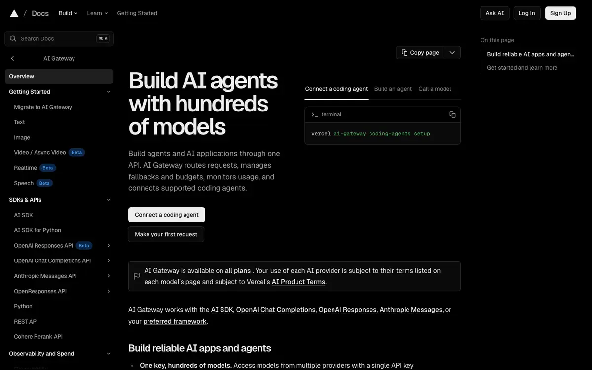 Vercel AI Gateway docs screenshot