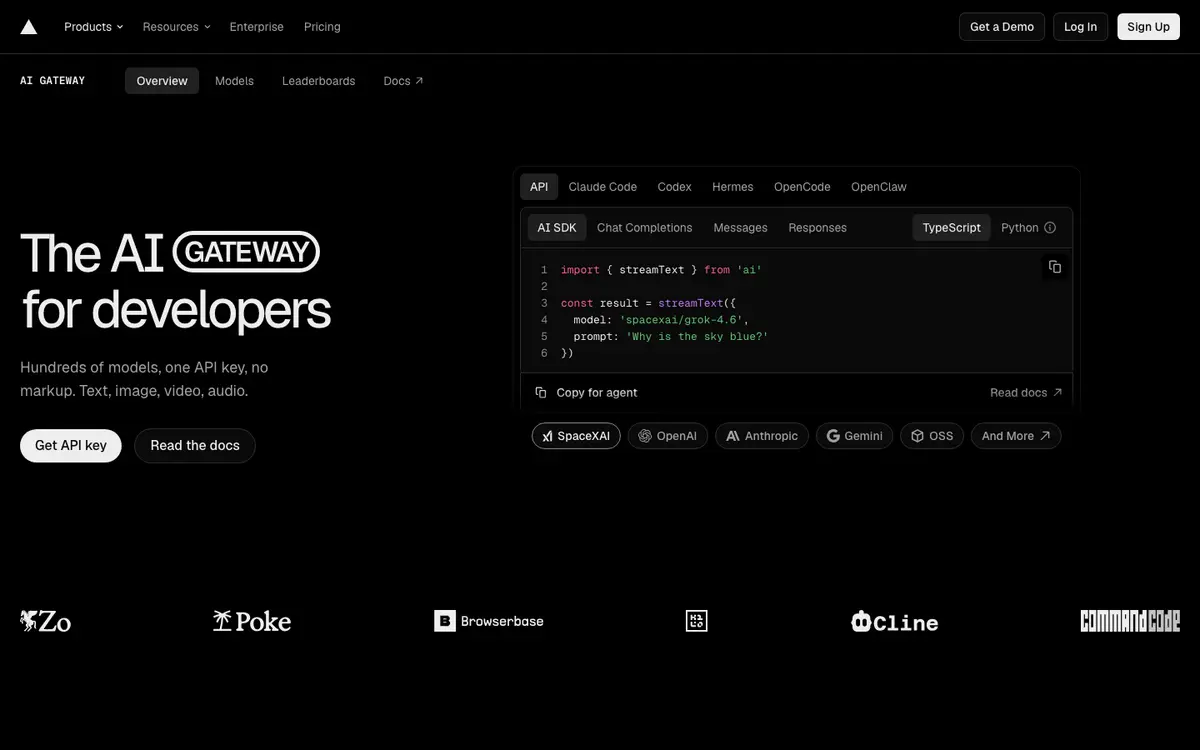 Vercel AI Gateway homepage screenshot
