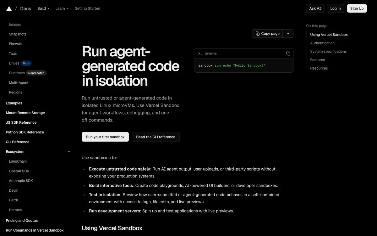 Vercel Sandbox docs screenshot