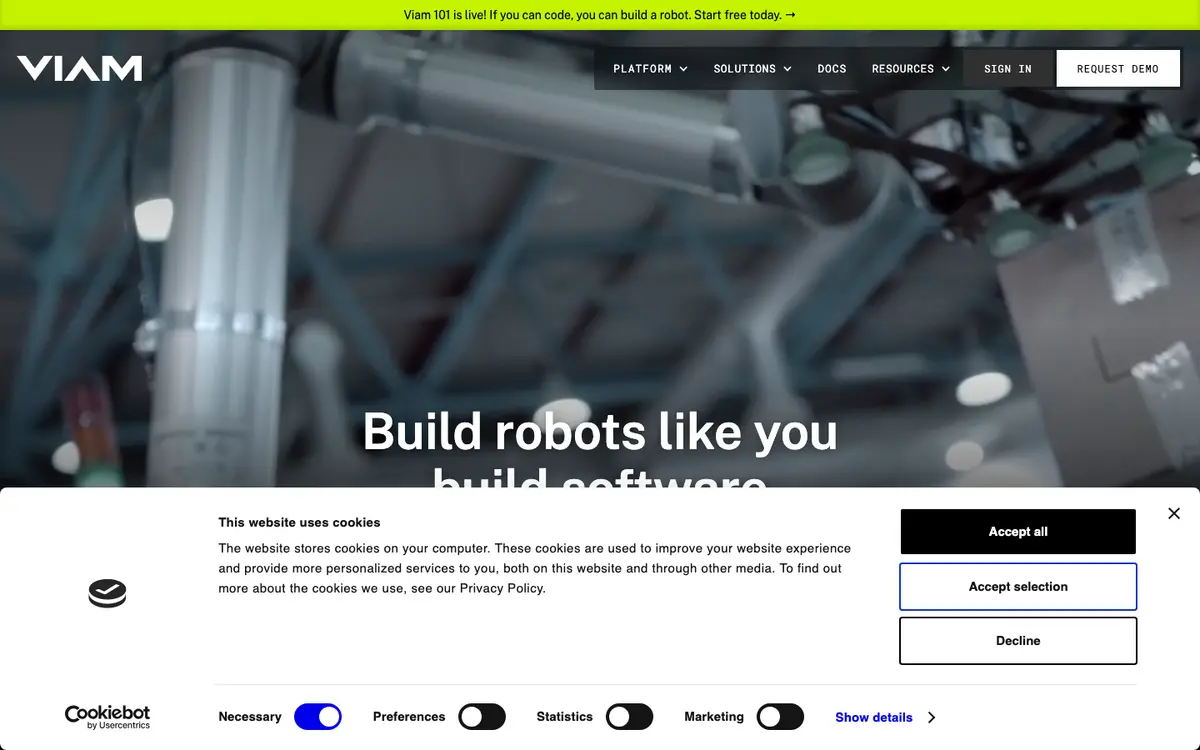 Viam homepage screenshot