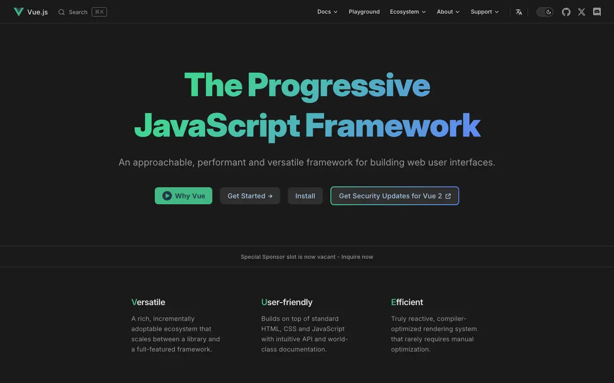 Vue.js homepage screenshot