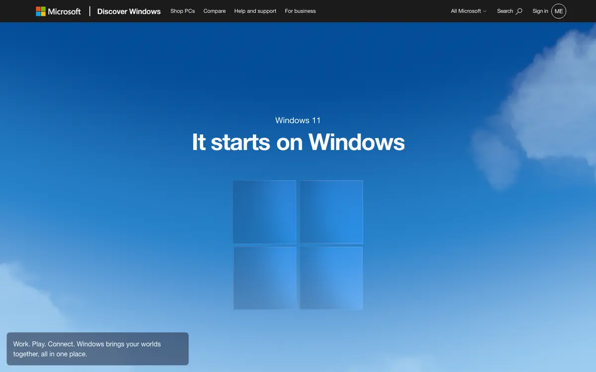 Windows homepage screenshot