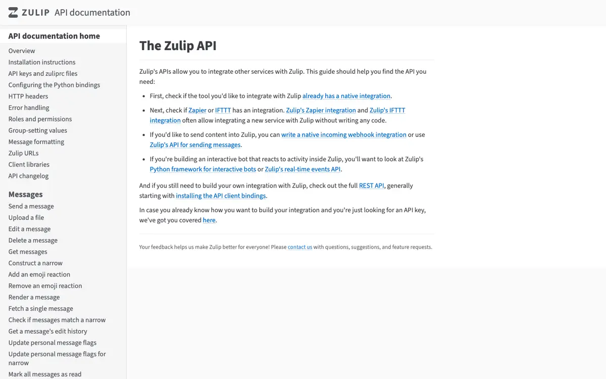Zulip docs screenshot